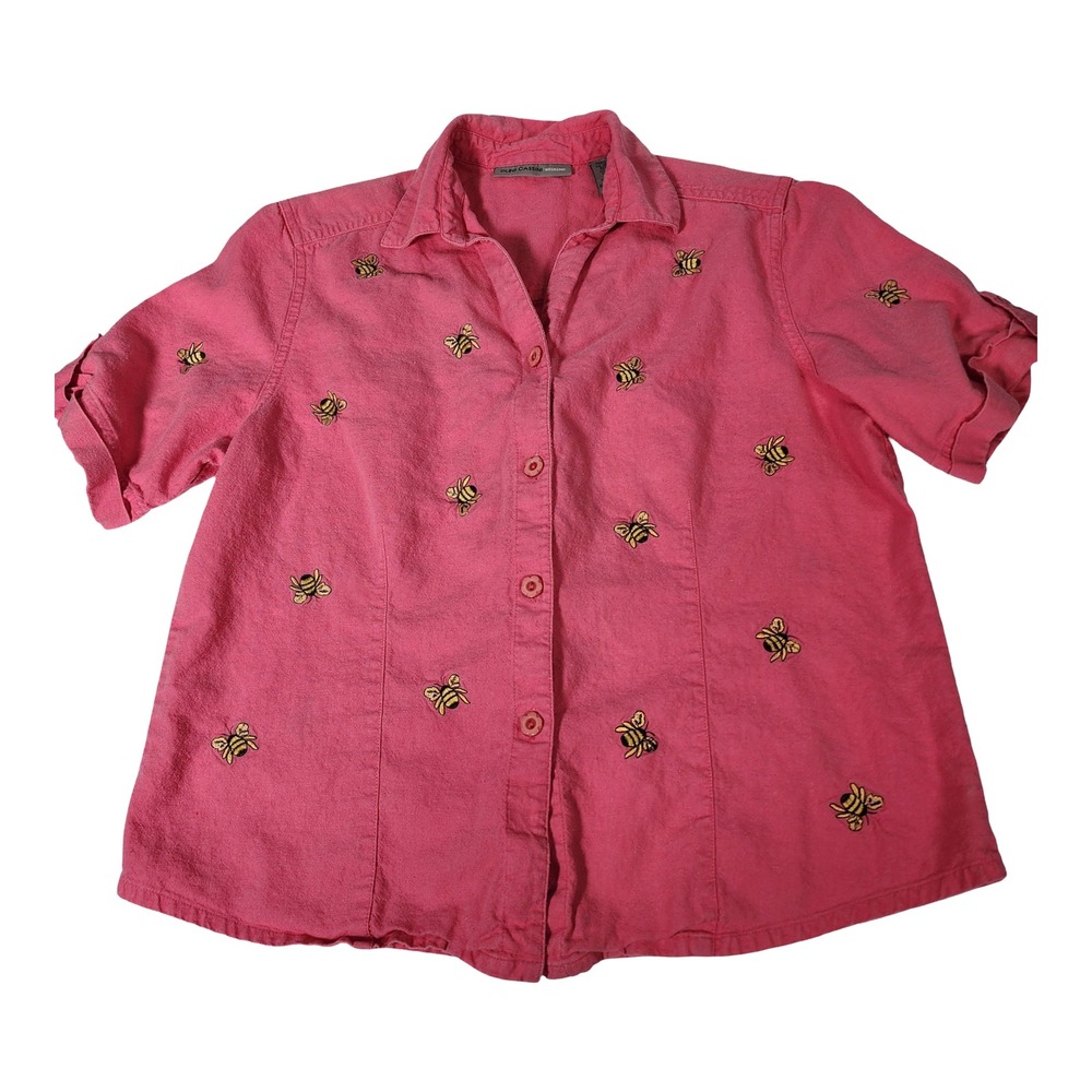 Vintage‎ Oleg Cassini Weekend Pink Embroidered Bumble Bee Button Shirt Womens M